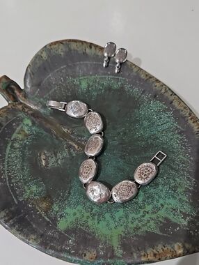 Brighton Silver Tone Oval Etched Link Bracelet and Drop Earrings